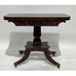 Regency flamed mahogany and cross-banded fold-over card table, the rectangular top with rounded