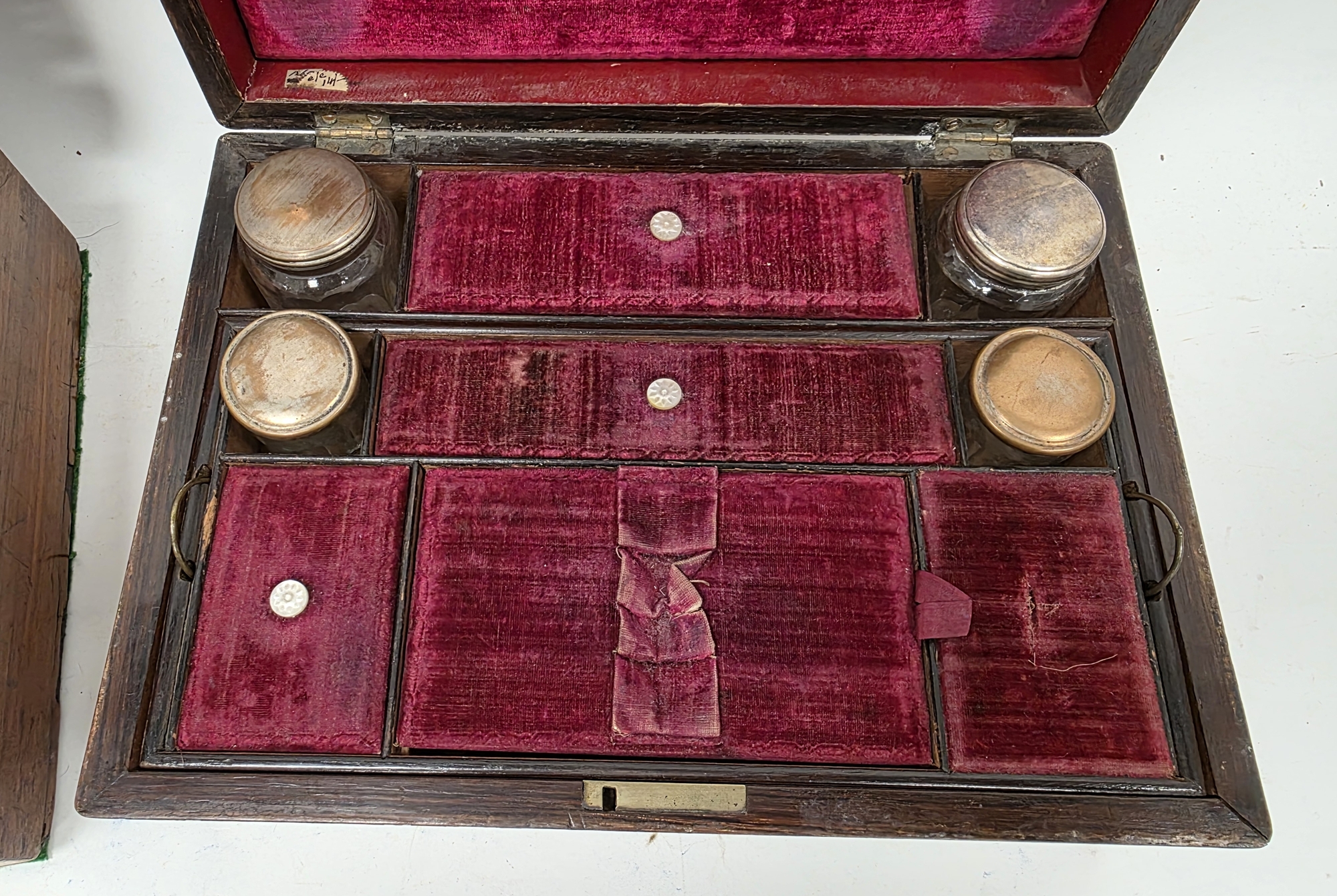 Victorian rosewood travelling dressing box, with mother of pearl inlay, the hinged lid opening to - Image 3 of 4