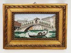 Early 20th century Italian micro-mosaic plaque depicting a gondola and the Rialto Bridge in