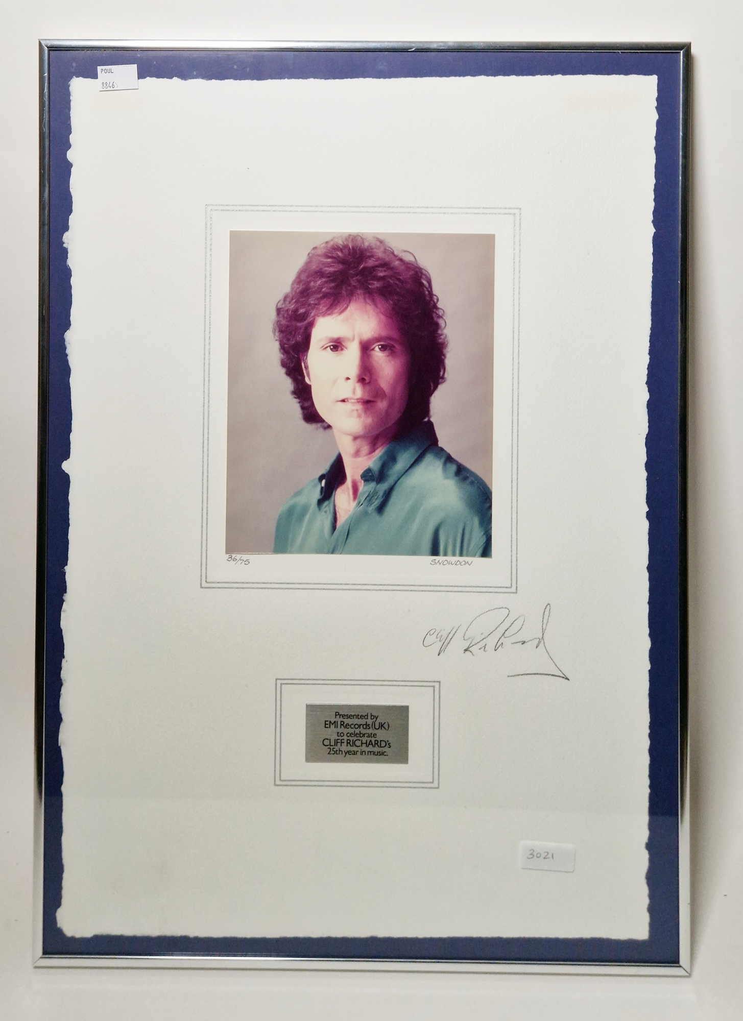 Lord Snowdon limited edition photograph of Cliff Richard, circa 1980's, signed to the mount in