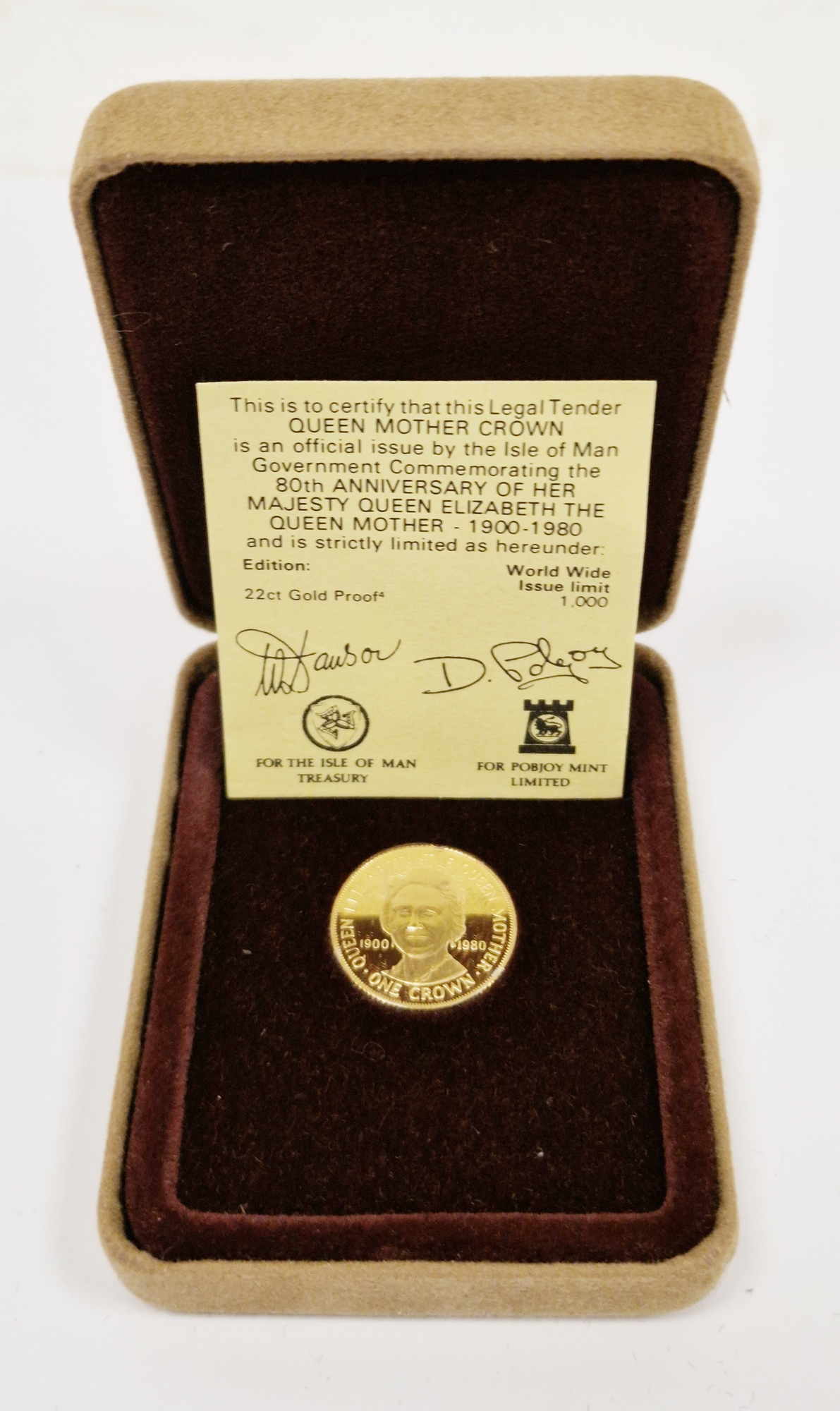 Pobjoy Mint 22ct gold limited edition 1980 one crown coin to commemorate the 80th Anniversary of the