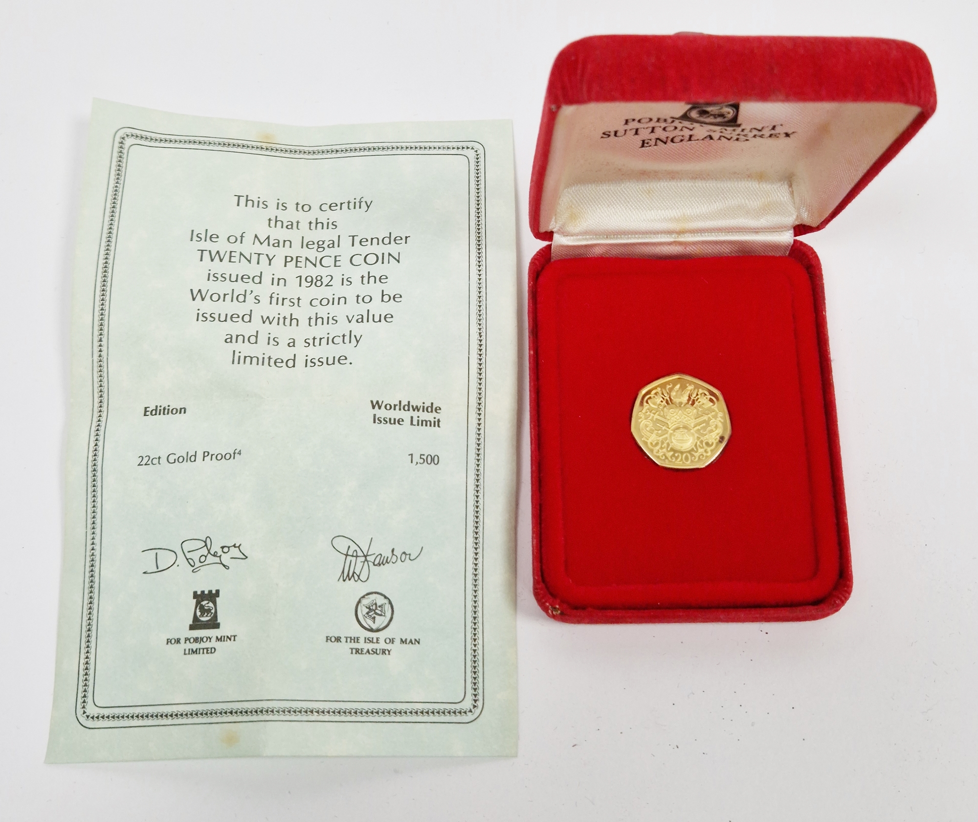 Pobjoy Mint 22ct gold limited edition 1982 20p coin in case with certificate