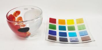 Joe Downs art glass shallow dish, square with four rows of four polychrome raised squares, 37cm