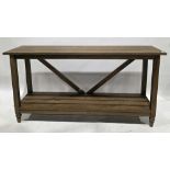 Modern oak console table, the rectangular top on square legs united by a slatted under-shelf, 80cm