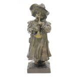 Bronze figure of a 19th century child wearing a hat and playing a trumpet, on a square plinth