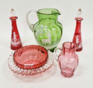 Collection of late Victorian and Edwardian coloured glass including a pair of Mary Gregory-style