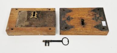 19th century oak encased iron and brass lock and key, in working condition, stamped 'H. Shaw Birm'