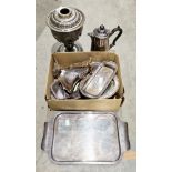 Mixed lot of silver plate and metalware including 19th century Walker & Hall oil lamp base,