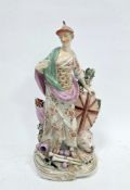 Derby porcelain figure of Britannia, circa 1770, modelled standing holding a shield before a lion,
