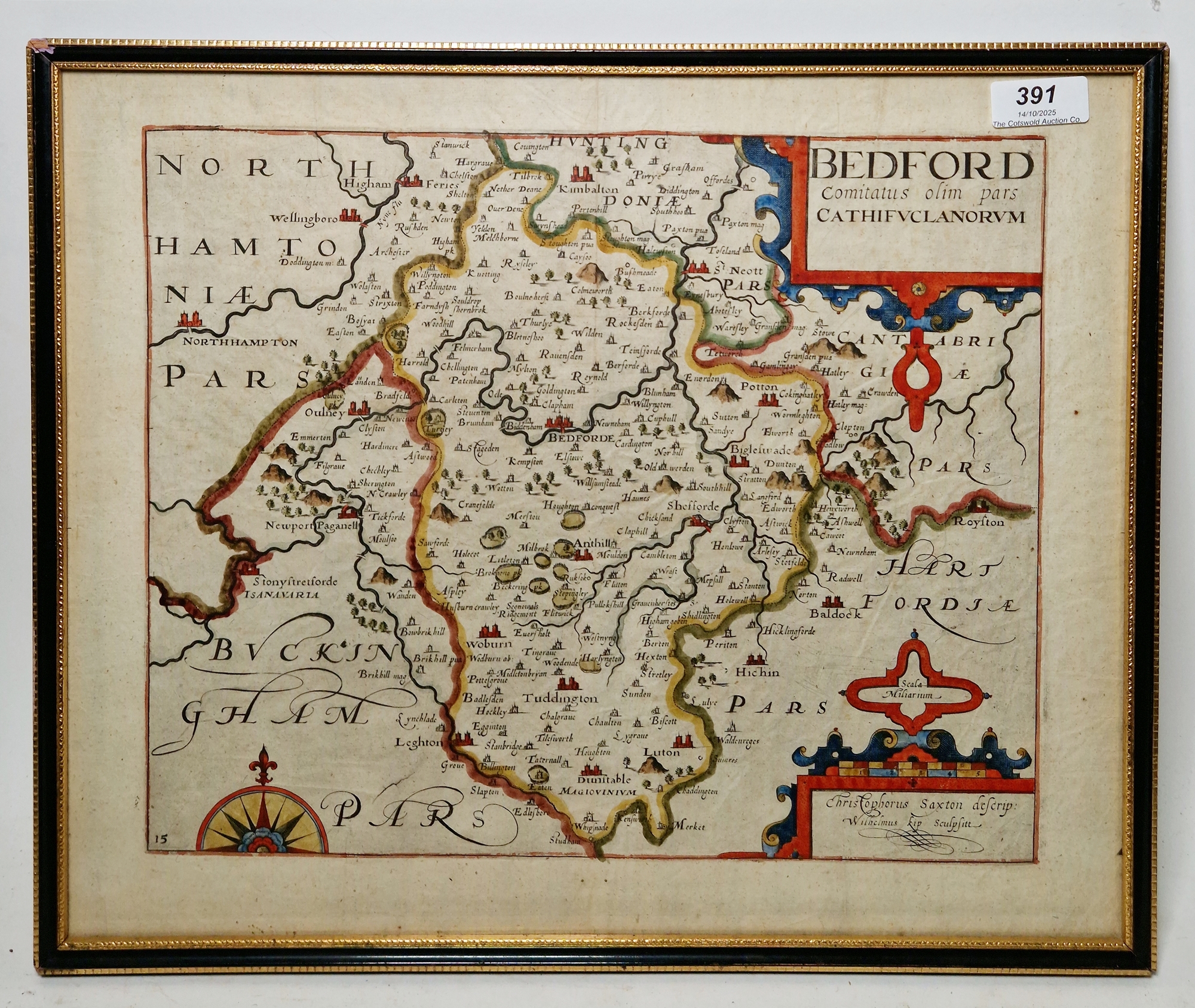 A 17th century hand coloured map 'Bedford Comitatus loim pars Cathifvclanorvm', by Wilhelm Kip, - Image 7 of 9