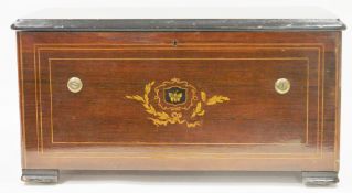 Victorian rosewood, ebonised and inlaid cased musical box, the marquetry inlaid hinged lid opening