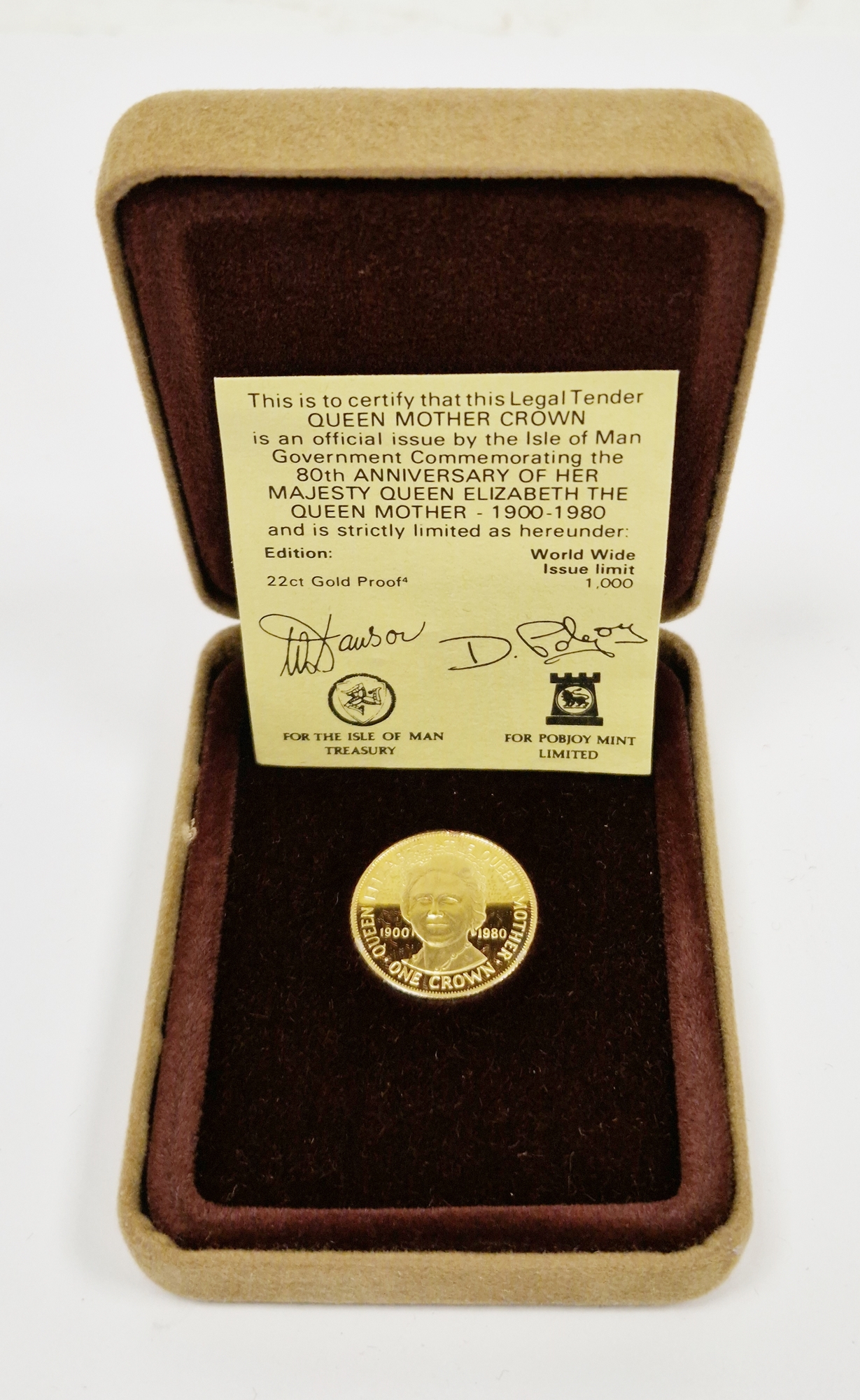 Pobjoy Mint 22ct gold limited edition 1980 one crown coin to commemorate the 80th Anniversary of the