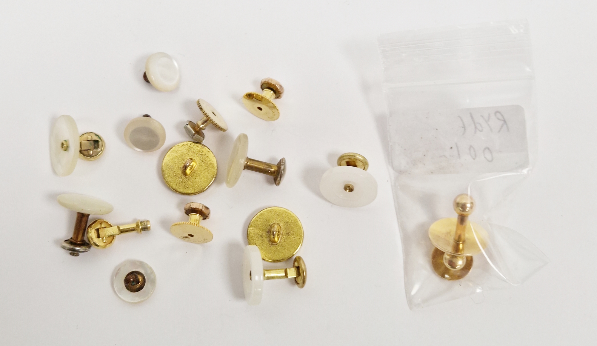 Two 10ct gold studs, approx total weight 3.7g, and other assorted gilt metal and mother-of-pearl