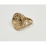 9ct gold coin ring mount with pierced shoulders, set with 'St George Medal', ring size P, total