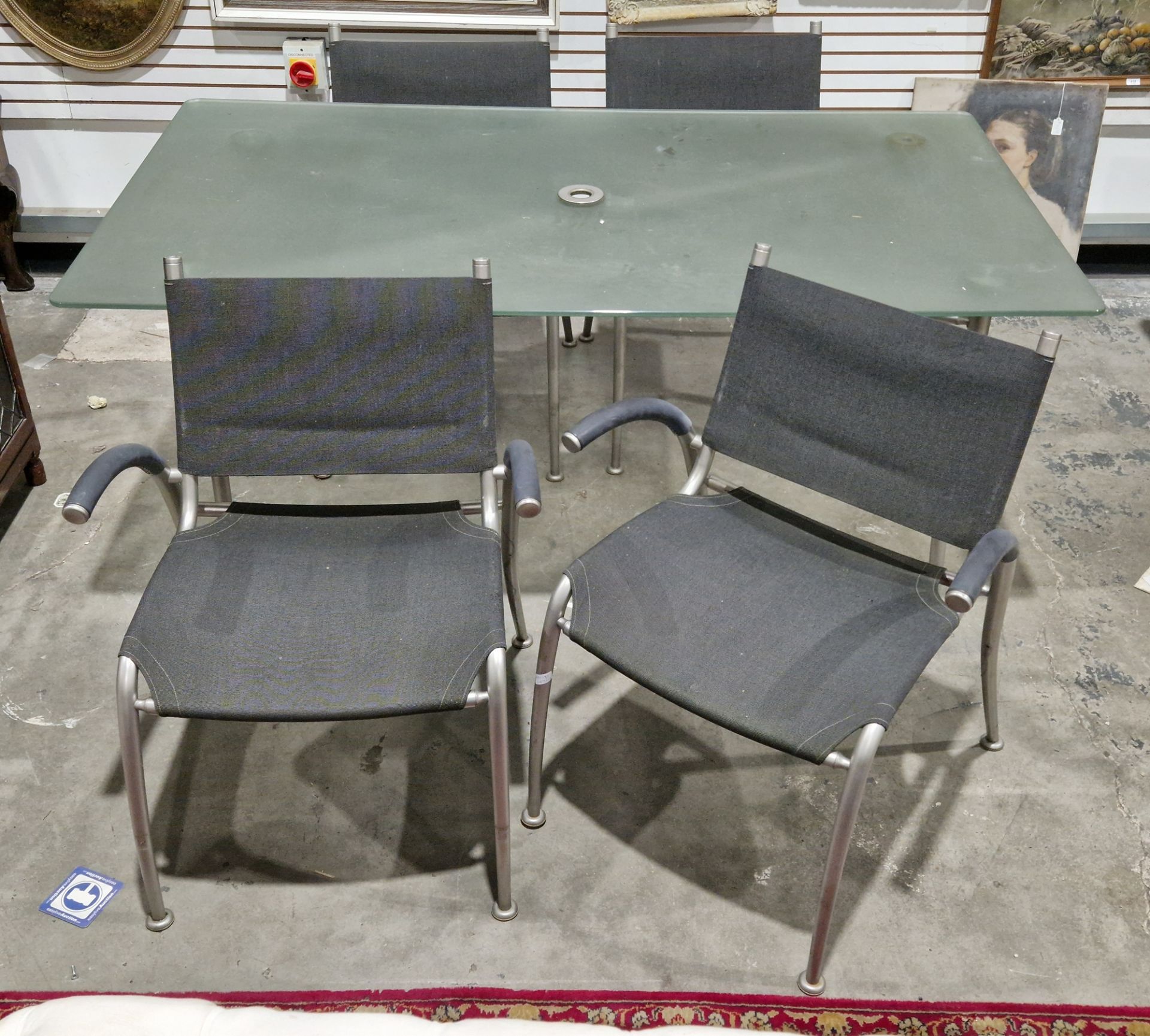 Gaze Burvill garden table, the rectangular frosted glass top on brushed steel tubular legs united by - Image 2 of 2