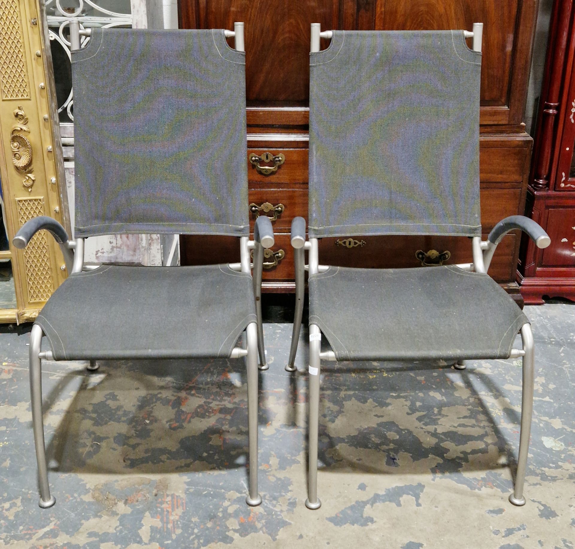 Pair of Gaze Burvill garden chairs, constructed from brushed stainless steel and black fabric, 115cm