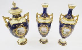 Assembled Coalport dark-blue ground three vase garniture, circa 1900, printed green marks, printed