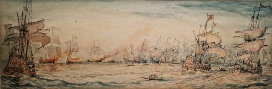 19th century school  Watercolour  Dutch maritime battle scene, monogrammed AR lower left, 19.2 cm