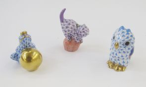 Herend miniature animals - a frog with a golden ball, an owl, both with 24ct gold accents, and a