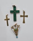 Edwardian 9ct gold, seedpearl and turquoise pendant, pierced and tapering with turquoise drop, 4.2cm