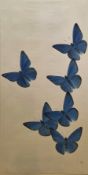 Oriental colour print, blue butterflies with red stamp, 81cm x 40cm
