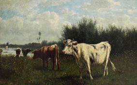 William F Hulk Oil on canvas Cattle in water meadow, signed lower left, 25cm x 39cm