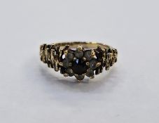 9ct yellow gold, garnet and (NOT diamond) WHITE STONE cluster ring comprising a central claw set