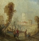 Unattributed Oil  Continental scene with figures in foreground, 10cm x 9cm in glazed frame