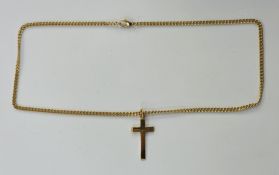 9ct yellow gold cross pendant of plain form, 3.5cm high, and a 9ct yellow gold curb link chain, 46cm