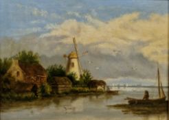 Georgina E.W. Offord (late 19th/early 20th century) Oil on panel Windmill and cottages in river