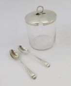 Victorian silver lidded glass preserve jar, Birmingham 1895, and two Georgian silver teaspoons
