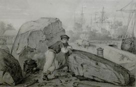 Feragu (?) possibly Auguste Francoise Feragu Etching Young man leaning on a rock beside harbour,