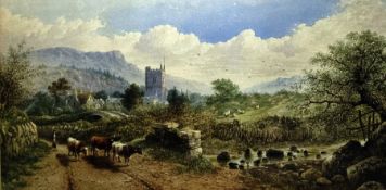 C E Brittan (1975) ?? Watercolour drawing Rural village scene with cows and figure in foreground,