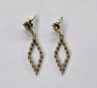 Pair gold-coloured metal lozenge pendant drop earrings with 14ct gold butterflies, 3.5cm high,