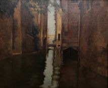 Unattributed oil on canvas Possible Venetian scene with canal and buildings, a bridge in the far