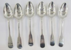 Set of six George III silver fiddle pattern tablespoons, each engraved with fleur-de-lys crest,