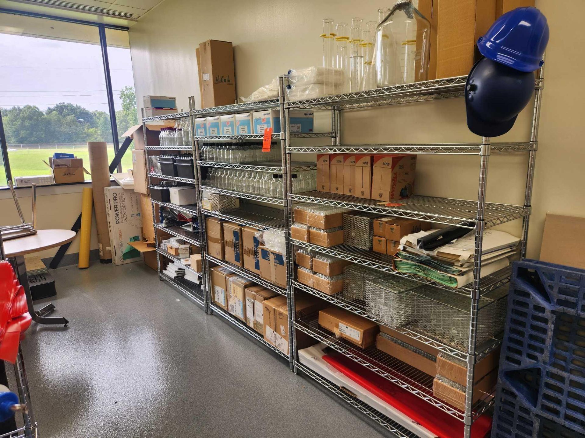 Lot of asst lab glass, and consumables including lab coats, shoe covers ...
