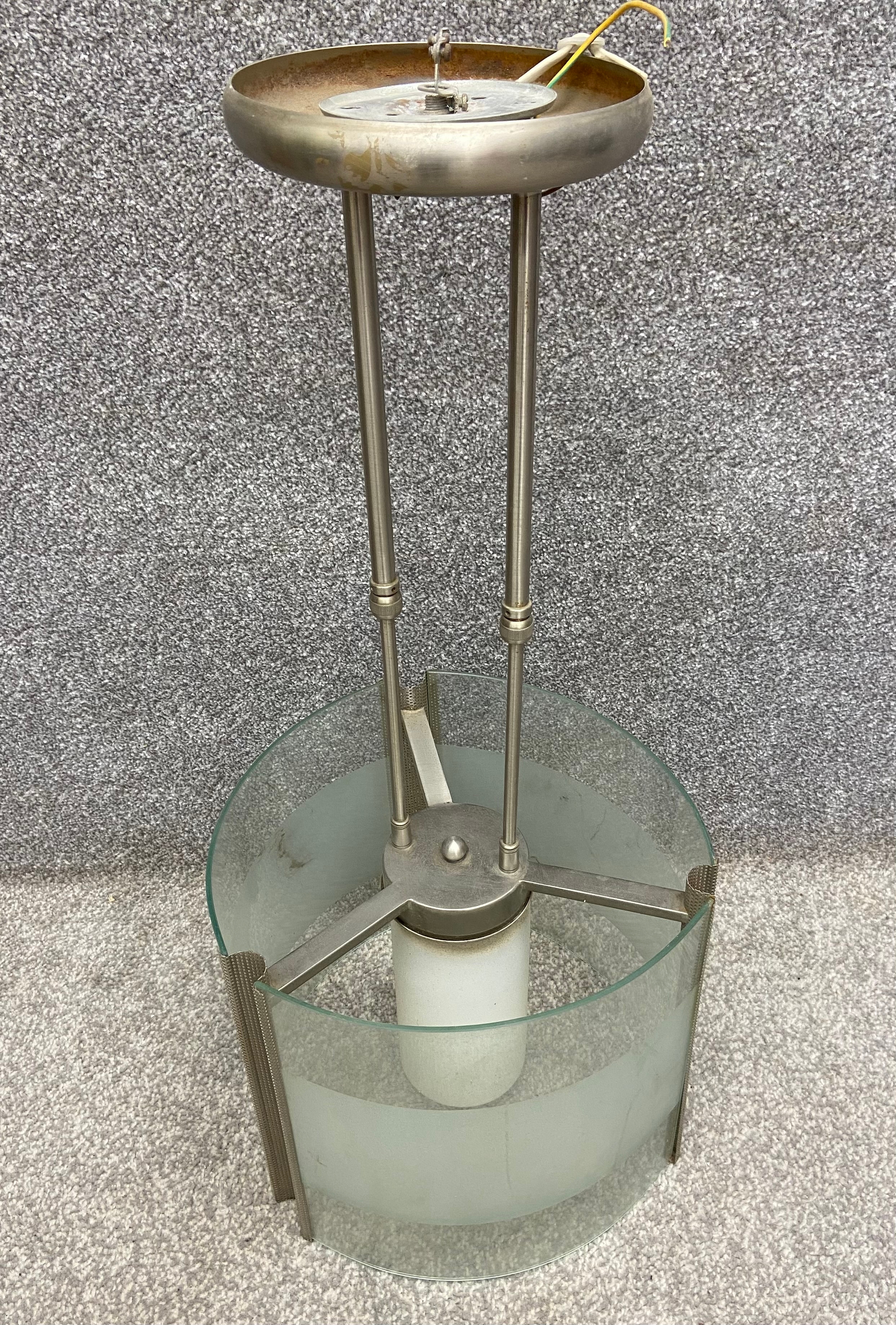 A vintage metal and glass ceiling light fitting. H.76cm Dia.34cm - Image 2 of 4