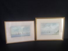 A pair of framed and glazed watercolours, sailing boats at sea, signed Anthony Osler, with gallery