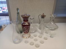 A miscellaneous collection of etched and cut glass etc. Tallest 37cm