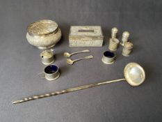 Mixed silver, Indian rosebowl and a cigarette box, a 19th century toddy ladle and miscellaneous