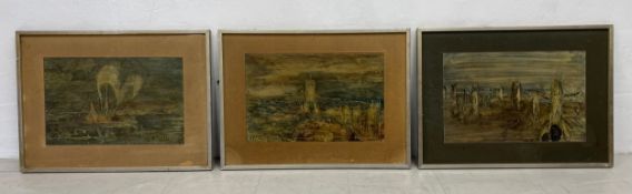 A set of three 20th century impasto oils on board, abstract buildings and a boat, each signed A.