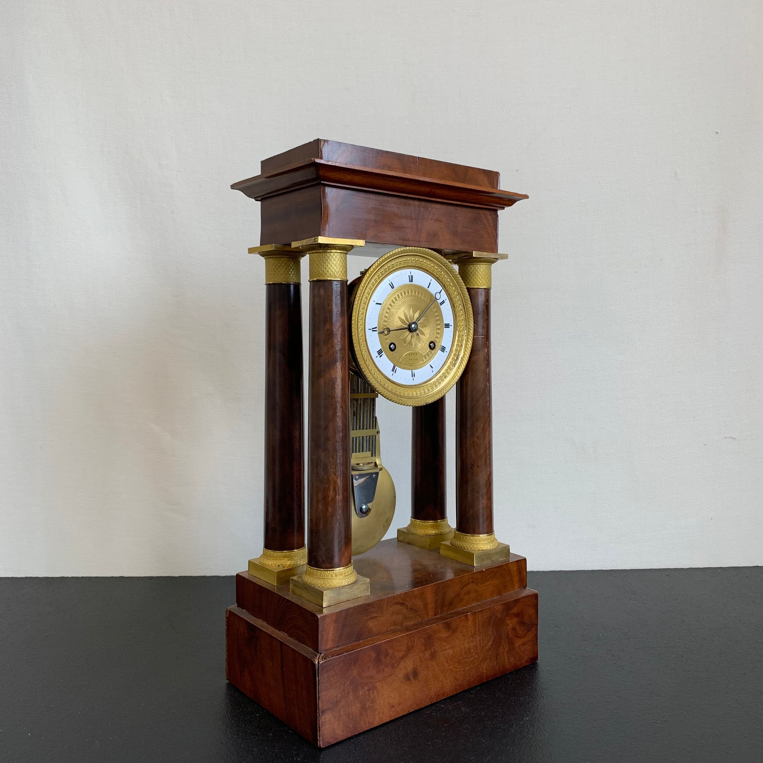 A 20th century gilt metal mounted French Empire style mahogany portico clock having a moulded - Image 4 of 7