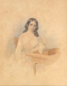 A 19th century watercolour portrait of a young lady in a glazed gilt frame with an inscribed label