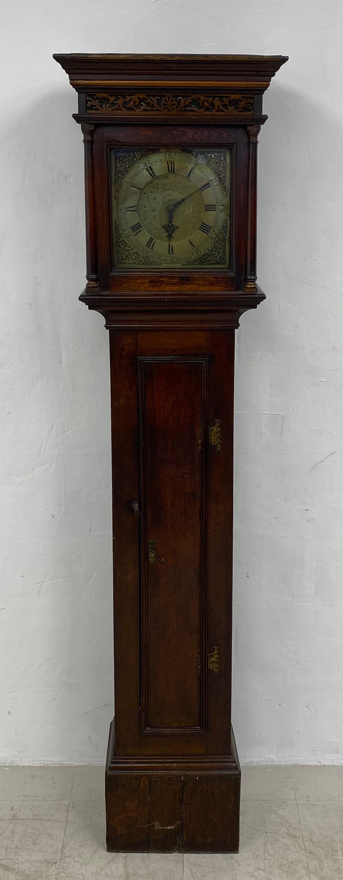 A Georgian oak longcase clock, John Frost Chichester with engraved square brass dial and 30 hour
