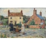A 20th century Impressionist style oil on canvas laid board depicting four figures in a rural