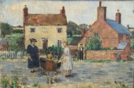 A 20th century Impressionist style oil on canvas laid board depicting four figures in a rural