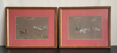 A pair of 19th century pencil and watercolour studies of a hunt, framed and glazed. 39x48cm