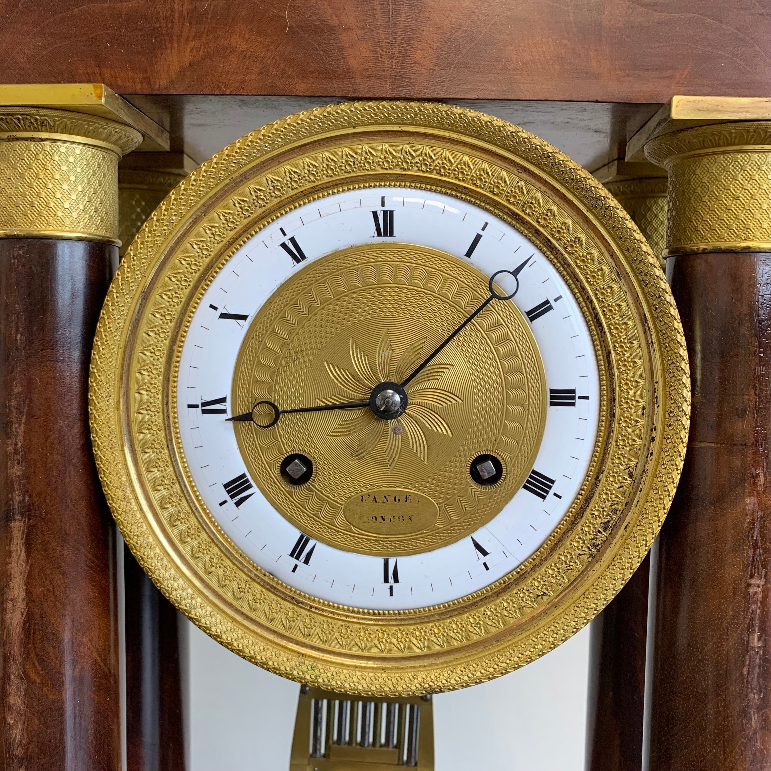 A 20th century gilt metal mounted French Empire style mahogany portico clock having a moulded - Image 3 of 7