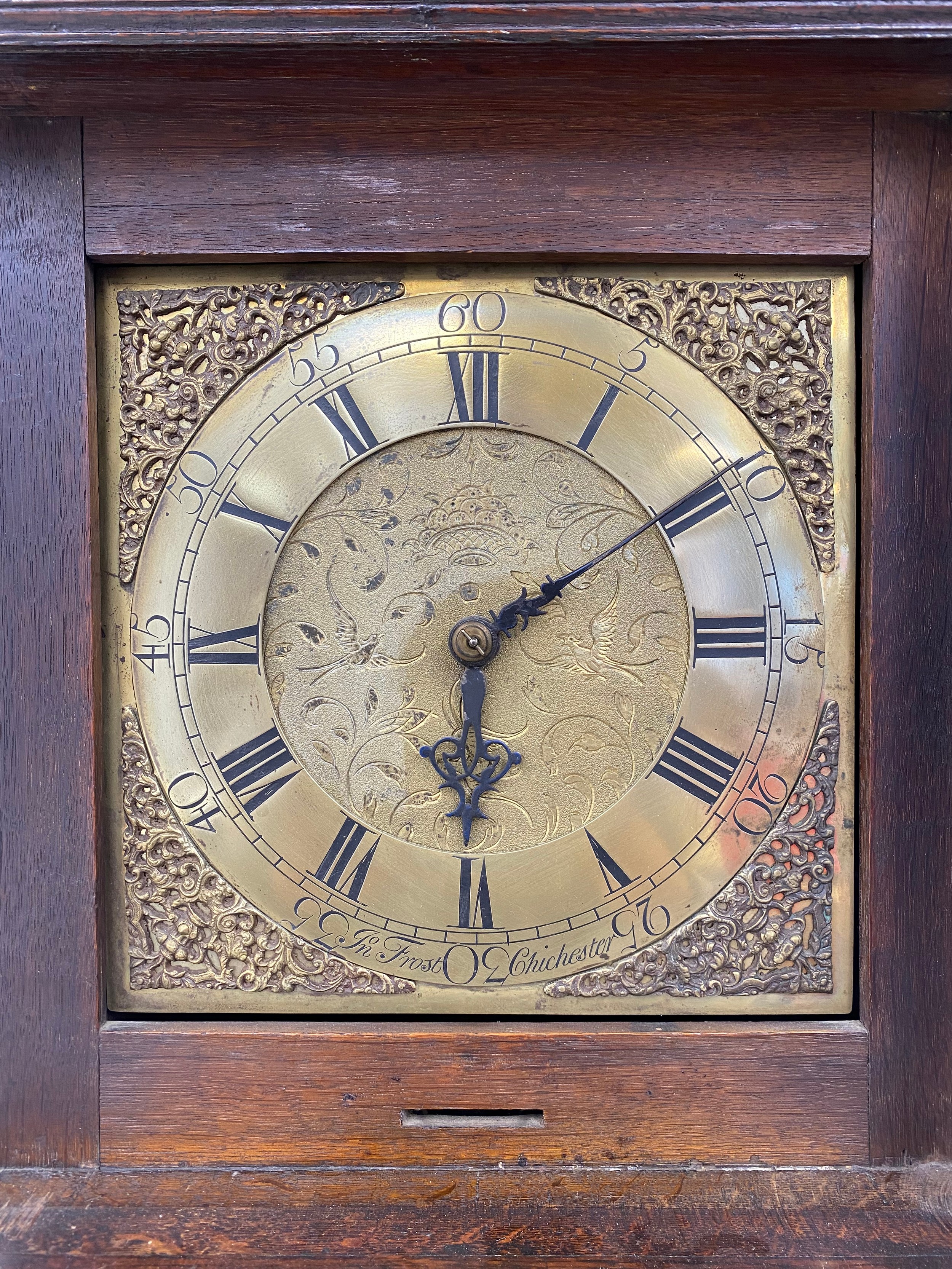 A Georgian oak longcase clock, John Frost Chichester with engraved square brass dial and 30 hour - Image 2 of 5